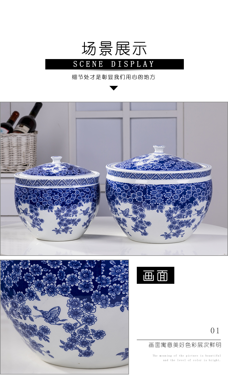 Jingdezhen ceramic barrel with cover moistureproof household ricer box sealed 20 jins 50 kg locker pickles meat in it