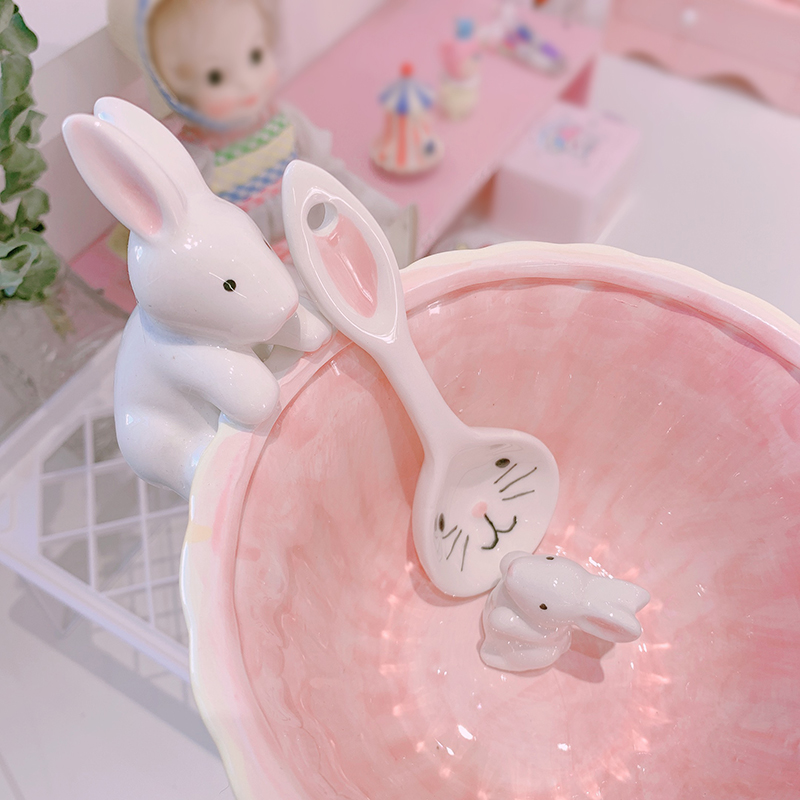 * * pink stunner girl lovely rabbit ceramic bowl students breakfast cereal bowl solid rabbit rainbow such use