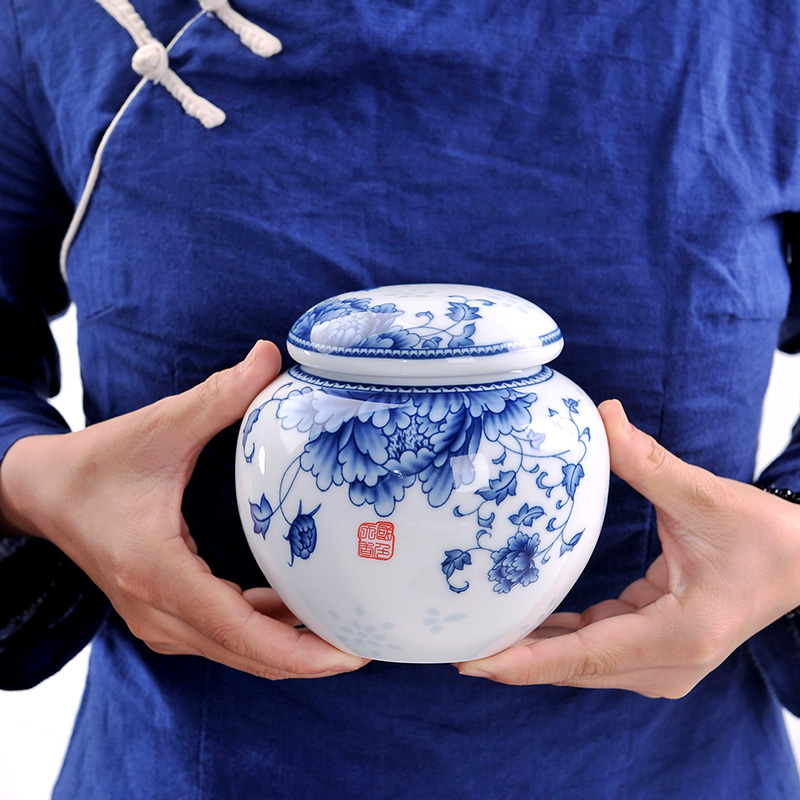 Shadow enjoy ceramic tea pot jingdezhen blue and white porcelain small mini portable circular tanks seal tea storage tanks