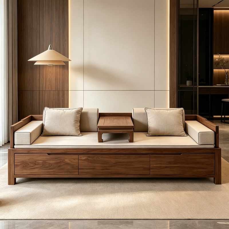Song-Style Aesthetic Solid Wood Luohan Bed Sofa, Living Room Luohan Couch, Black Walnut Wood Zen-Style Chaise Lounge Sofa Bed, Dual-Purpose