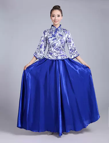 Сине-белая длинная юбка, классический костюм, китайский стиль