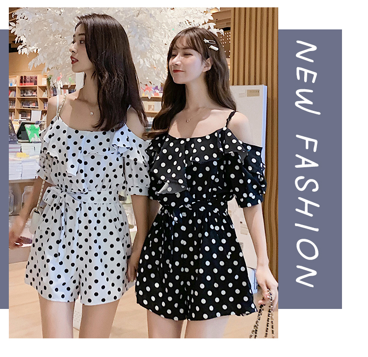 VK旗艦店 韓系露肩波點荷葉邊短袖連身褲套裝短袖褲裝