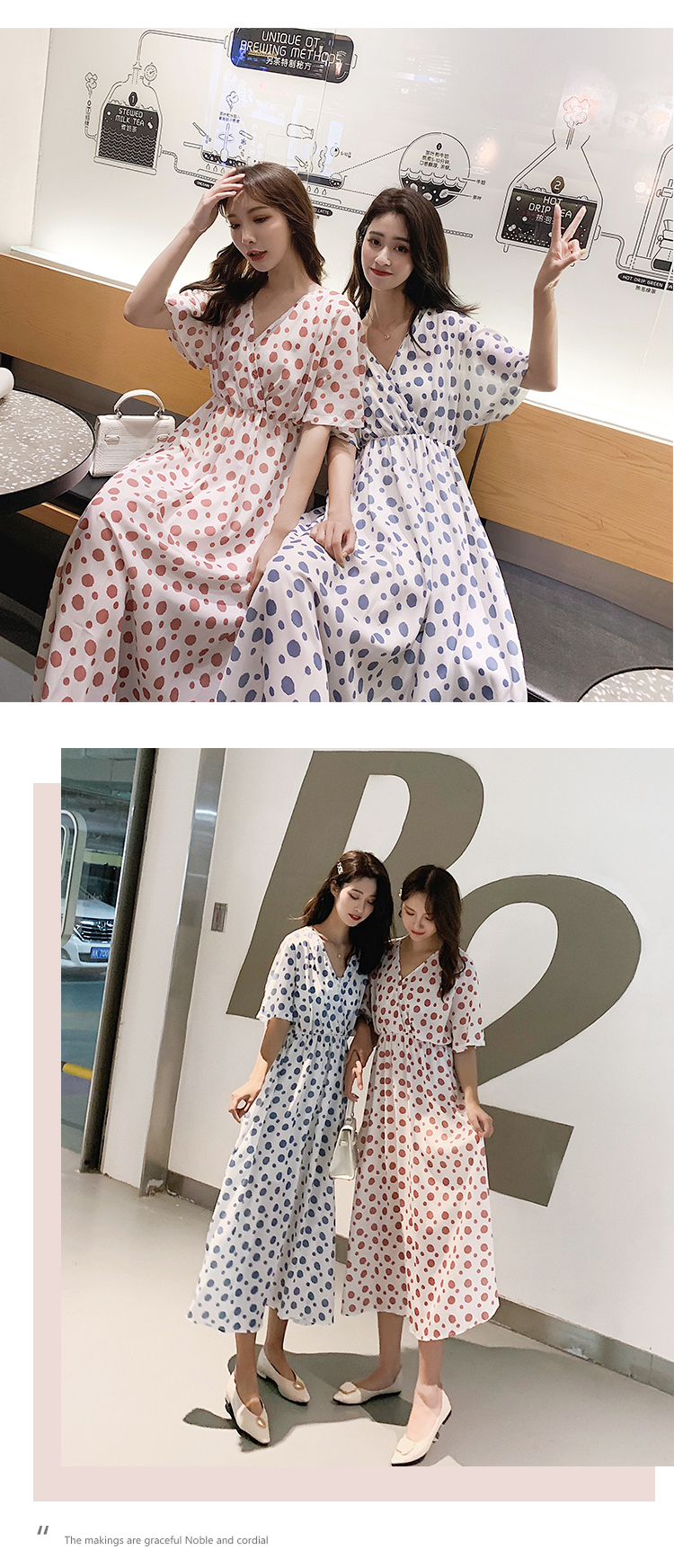 VK旗艦店 韓國風氣質復古波點V領雪紡圓點短袖洋裝