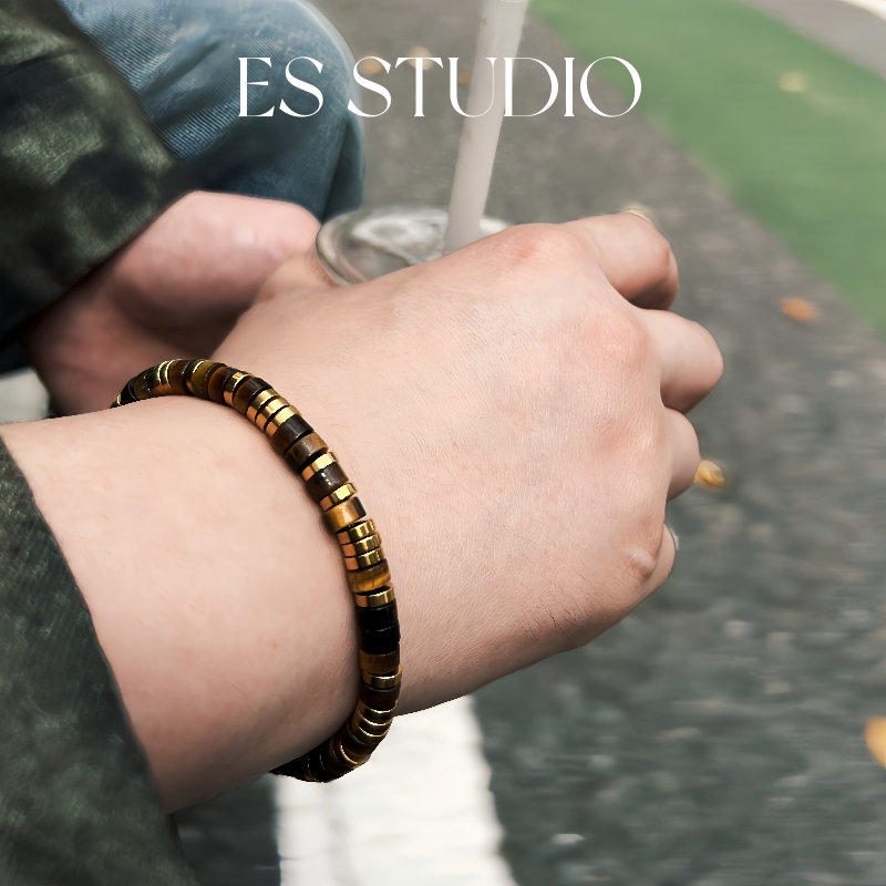 Original Maillard Niche Natural Tiger Eye Stone White Shell Beaded Bracelet for Men and Women, Couple Style, Vintage Pill Bracelet