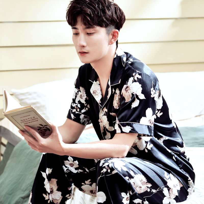 Bộ đồ ngủ mens mùa hè mỏng lụa băng mens lụa pajama phù hợp với kích thước lớn thường thời trang tối mùa xuân và mùa thu nhà mặc.