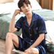 Ice lụa mens mỏng ngắn tay pajama set mùa hè đơn giản tươi lụa nhà quần áo có thể mặc hai mảnh mùa thu.