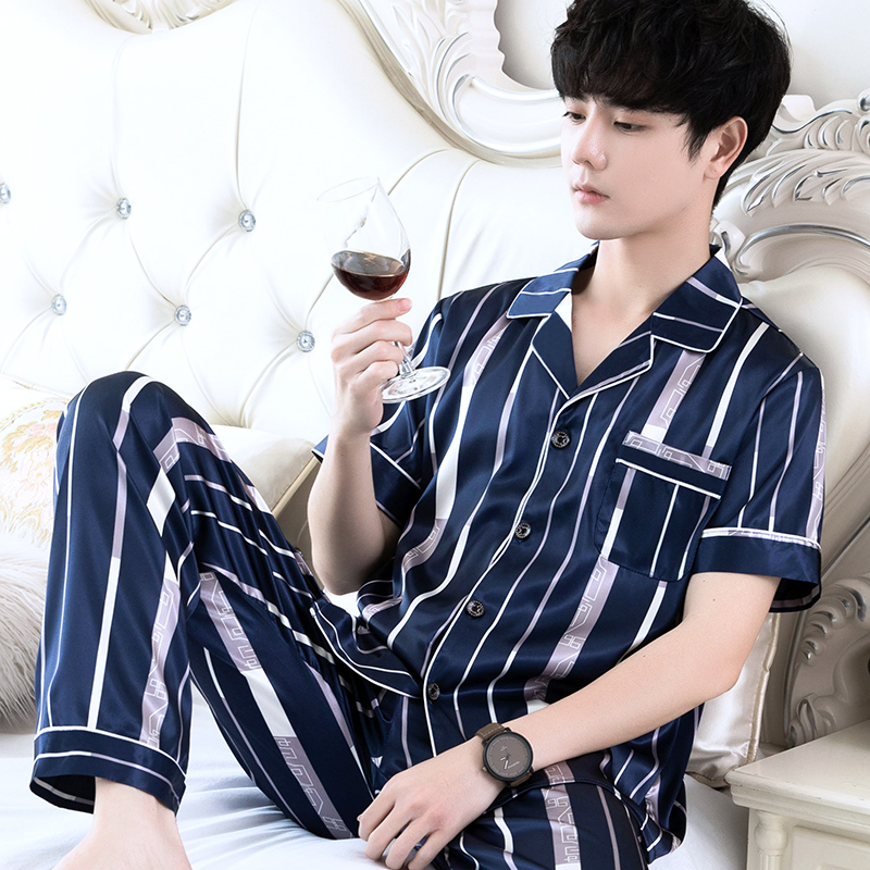 mens lụa ngắn tay pajama set mùa hè mỏng cỡ lớn băng cardigan giản dị loose-fitting mặc nhà hai mảnh bộ.