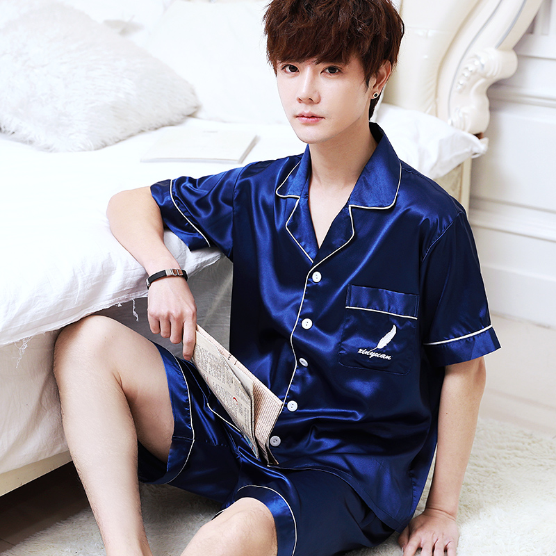 Mens mỏng ngắn tay lụa băng pajama thiết lập kích thước mùa hè tươi đơn giản lụa giản dị về nhà mặc hai mảnh bộ.