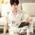 mens lụa ngắn tay pajama set mùa hè mỏng cỡ lớn băng cardigan giản dị loose-fitting mặc nhà hai mảnh bộ. 