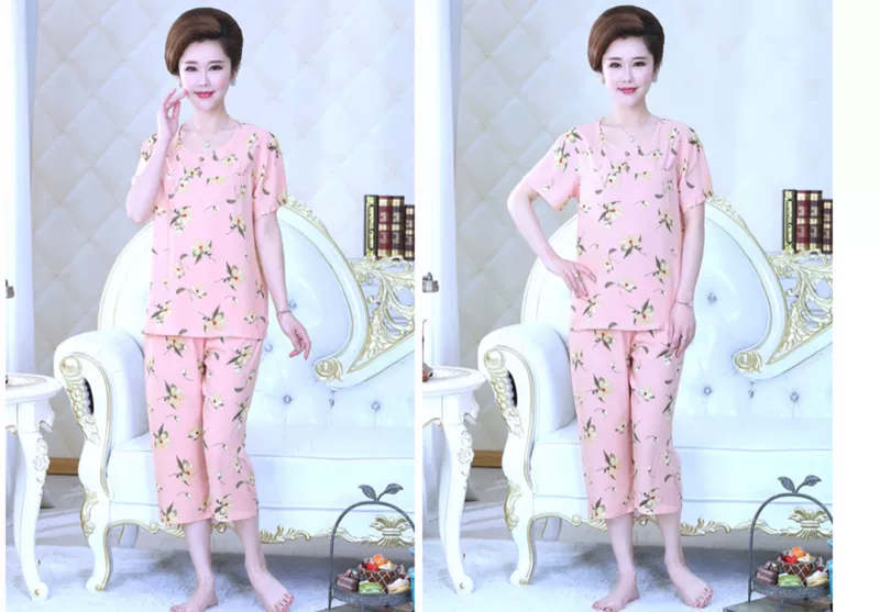 Mùa hè cộng với kích thước áo thun cotton lụa đồ ngủ phụ nữ mùa xuân và mùa thu ngắn tay cotton lụa phục vụ phụ nữ mẹ phù hợp với mùa hè mỏng - Cha mẹ và con