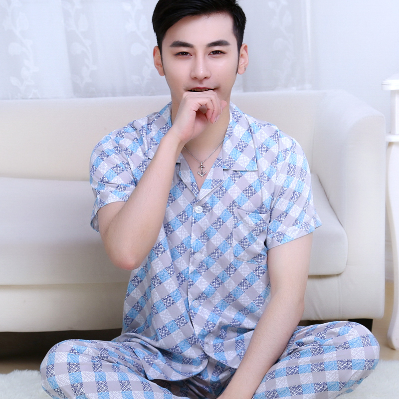 Quần Donnico Thin Pyjama Mens mùa hè ngắn tay áo Set sọc Couple San Francisco Mens Home Mang bông Silk