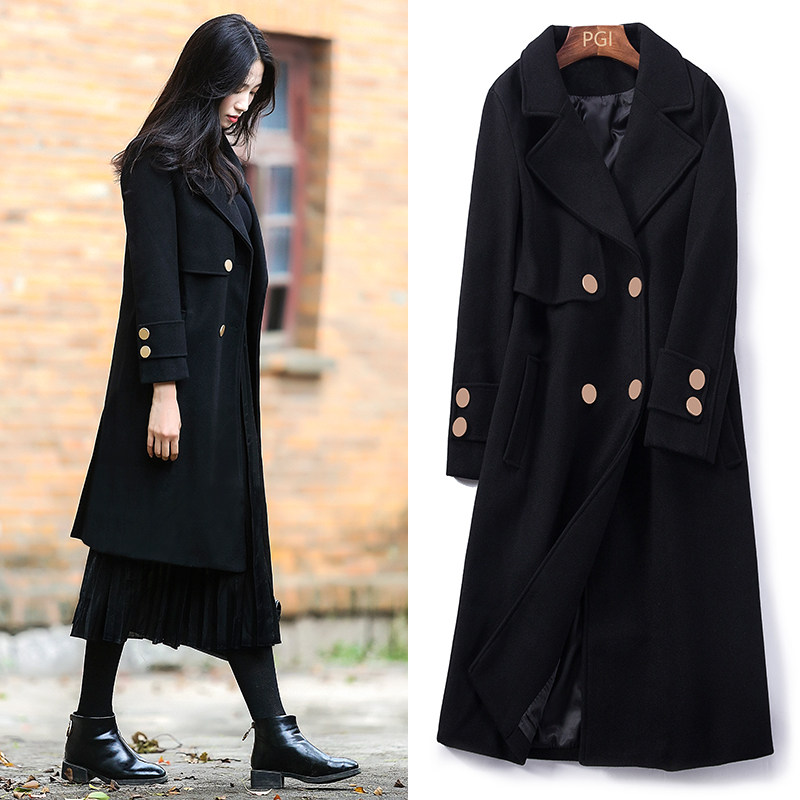 2020 new black workwear woolen coat women's long version thickened professional woolen coat women's winter OL overalls