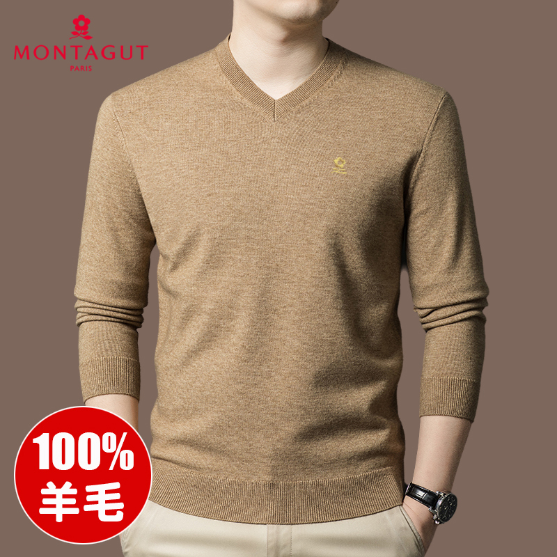 Montagut High-End Men's 100% Pure Wool Sweater V-Neck Thickened Sweater Winter Middle-Aged Crew Neck Base Layer Cashmere Sweater Montagut High-End Men's 100% Pure Wool Sweater V-Neck Thickened Sweater Winter Middle-Aged Crew Neck Base Layer Cashmere Sweater