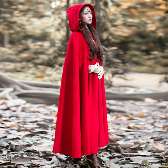 Wuxin mage Yue Qiluo with the same big red cloak woolen coat women's jacket retro Little Red Riding Hood cloak autumn and winter