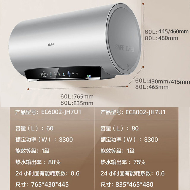 Haier 60 Liter Electric Water Heater 3300W Variable Frequency Fast Heating Inner Tank No-Clean First-Class Ec6002-Jh7U1