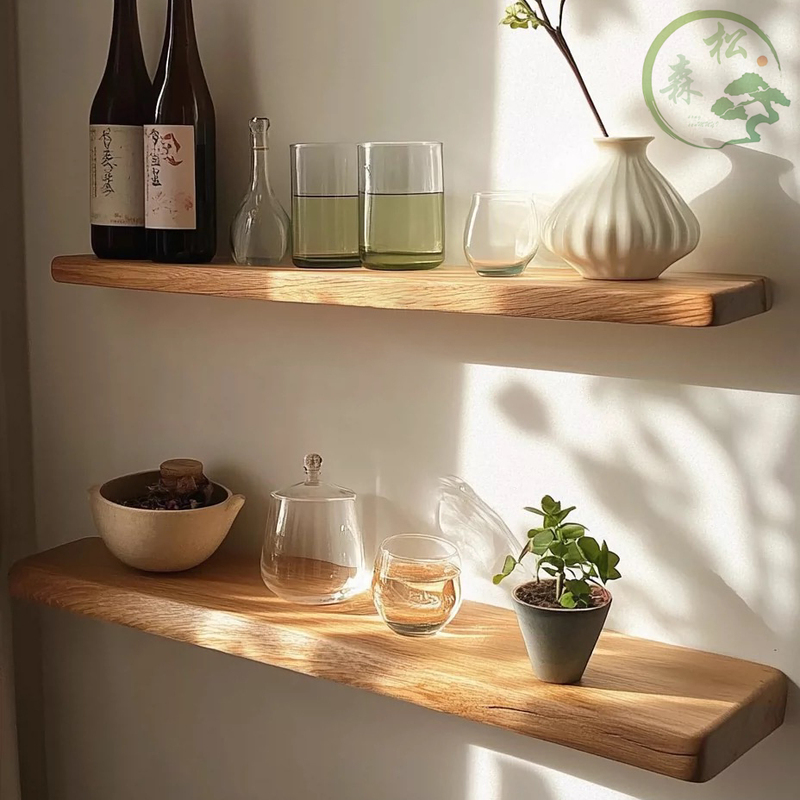 Solid Wood Wall-Mounted Shelf, Natural Wood Style, Natural Edge, Straight Partition Shelf, Storage Rack, Display Rack, Bedroom Toy Storage Rack