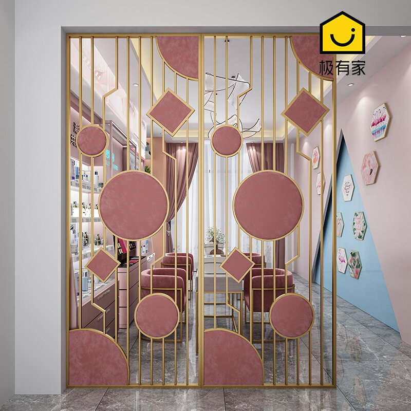 New Chinese light extravagant iron art living room screen Xuanguan stainless steel hollowed-out modern minimalist cloth art soft bag decorative partition