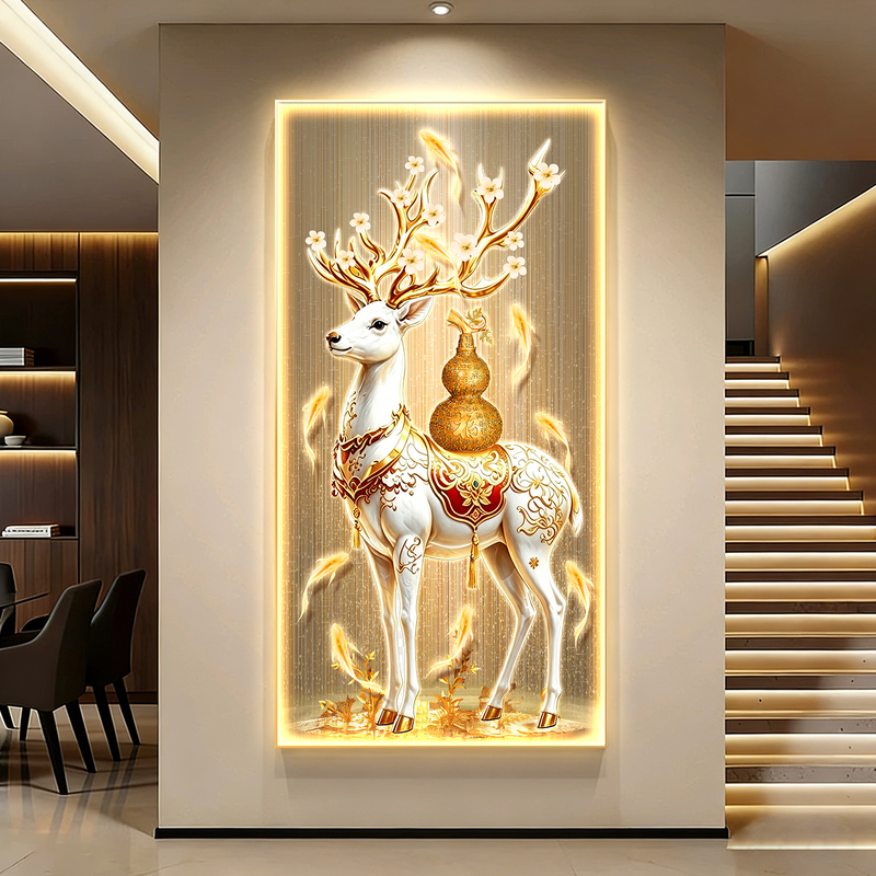 Entrance Hall Decorative Painting with Deer and Gourd, Led Light-Up Painting, Light Luxury Corridor Wall Art, Vertical Version, Wealth-Attracting Wall Art Entrance Hall Decorative Painting with Deer and Gourd, Led Light-Up Painting, Light Luxury Corridor Wall Art, Vertical Version, Wealth-Attracting Wall Art