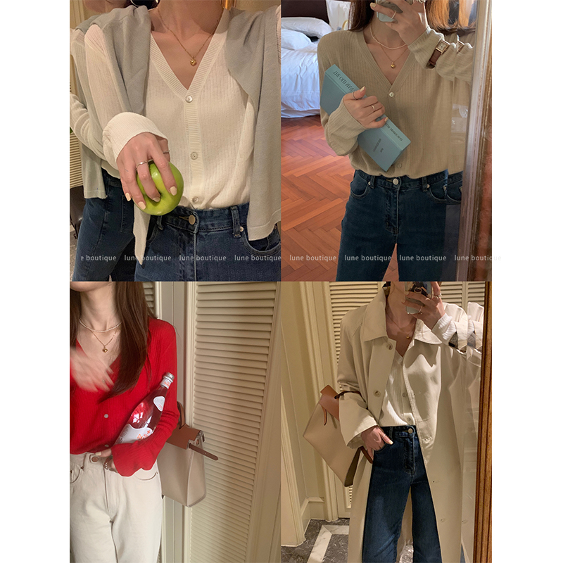 Lune apricots colour-knitted sweatshirt woman Early autumn and thin Korean teas slim short blouses soft glutinous gentle V neckline sweatshirt