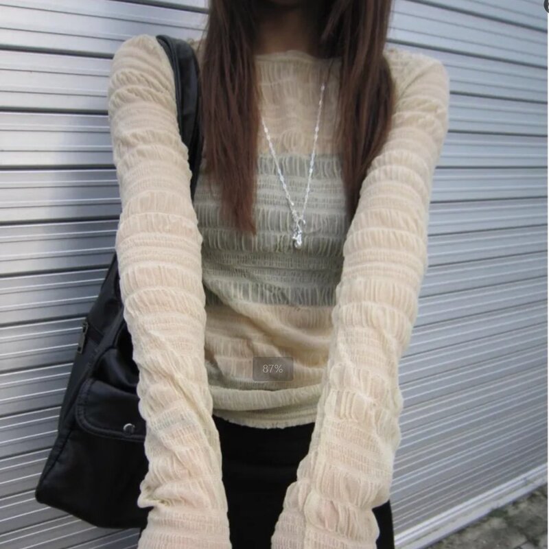 Four Colors Korean New Style ins Japanese Style Pleated Stereo Texture Lace Long-Sleeved T-Shirt Top Bottoming Shirt Pure Color Four Colors Korean New Style ins Japanese Style Pleated Stereo Texture Lace Long-Sleeved T-Shirt Top Bottoming Shirt Pure Color