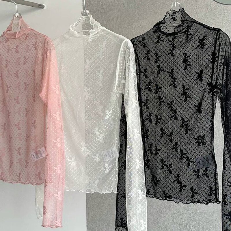 Three-Color Korean ins Bow Lace Layered Soft Base Shirt Long-Sleeve T-Shirt for Spring and Summer