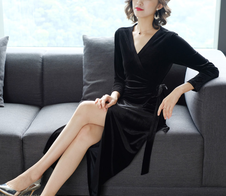 Đầu thu gợi cảm nhung vàng cổ chữ V dài tay nữ tính khí đầm eo hở eo váy bút chì dài