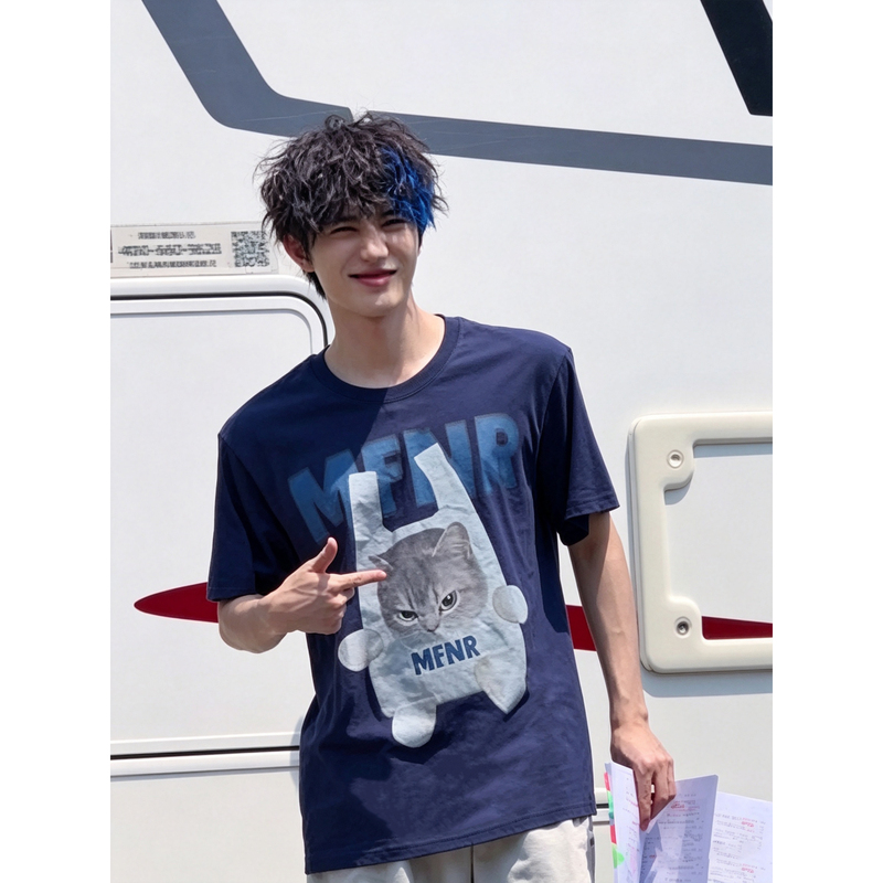 Zhang Wings Same Style Fun Cat Print Short-Sleeve Unisex Summer Trendy Versatile 320g Heavyweight Pure Cotton T-Shirt Top Zhang Wings Same Style Fun Cat Print Short-Sleeve Unisex Summer Trendy Versatile 320g Heavyweight Pure Cotton T-Shirt Top
