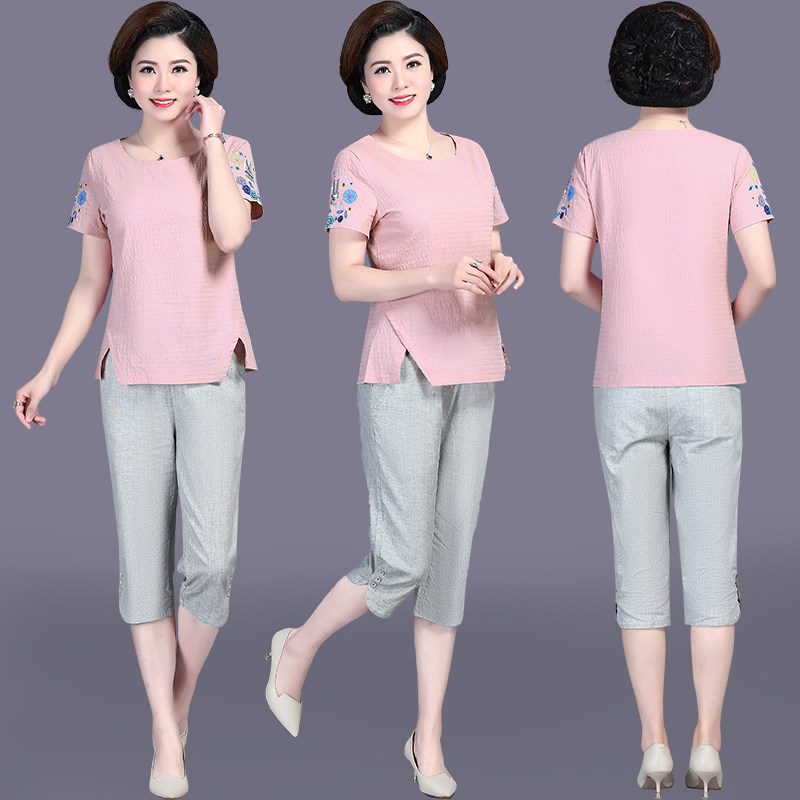 Mom cotton numb suit middle-aged woman summer clothing short sleeve T-shirt Two sets in old age foreign pie minus Mother's Day clothes