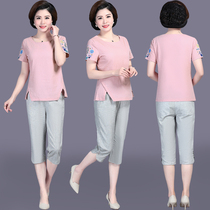 Mom cotton numb suit middle-aged woman summer clothing short sleeve T-shirt Two sets in old age foreign air weight reduction Mothers Day clothes