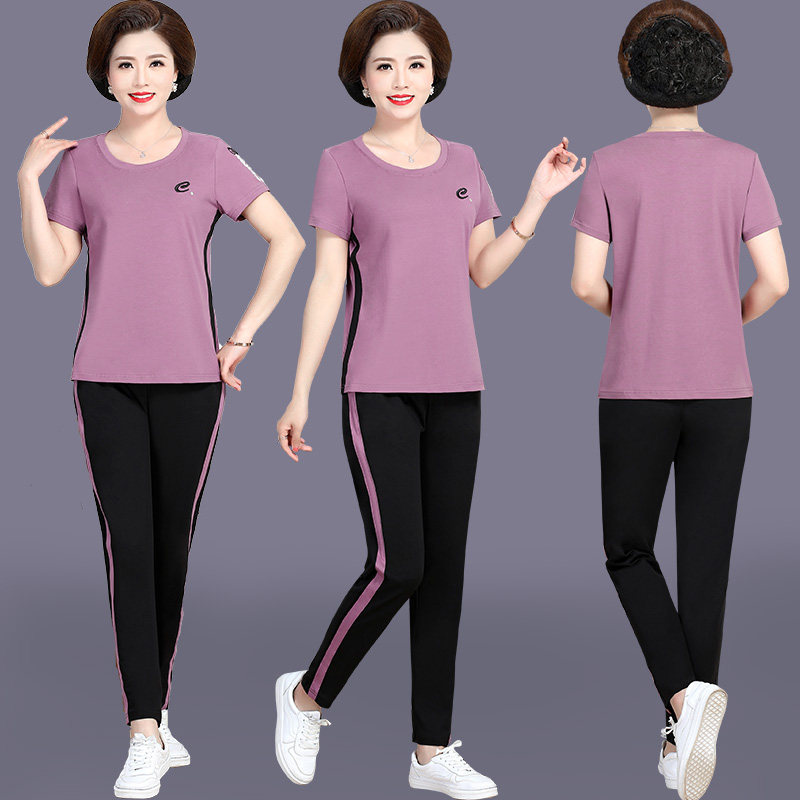 Middle - aged mom summer dress 2023 new sports suit female middle - aged two - piece set of short - sleeved t - shirt gas tops