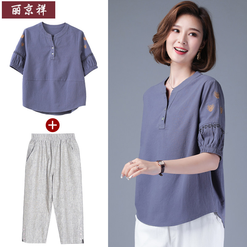 2021 new foreign school mother summer suit two-piece set middle-aged women's short-sleeved t-shirt middle-aged cotton and hemp top