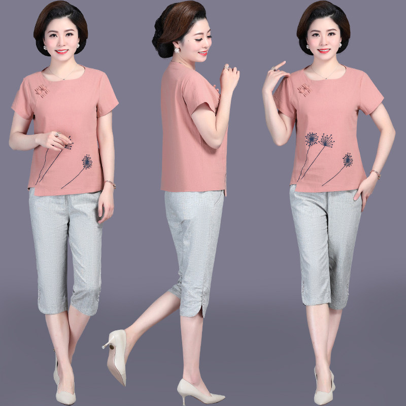 Mother summer clothing cotton linen suit middle-aged woman short sleeve T-shirt blouse foreign pie middle-aged and elderly two sets 2021 new