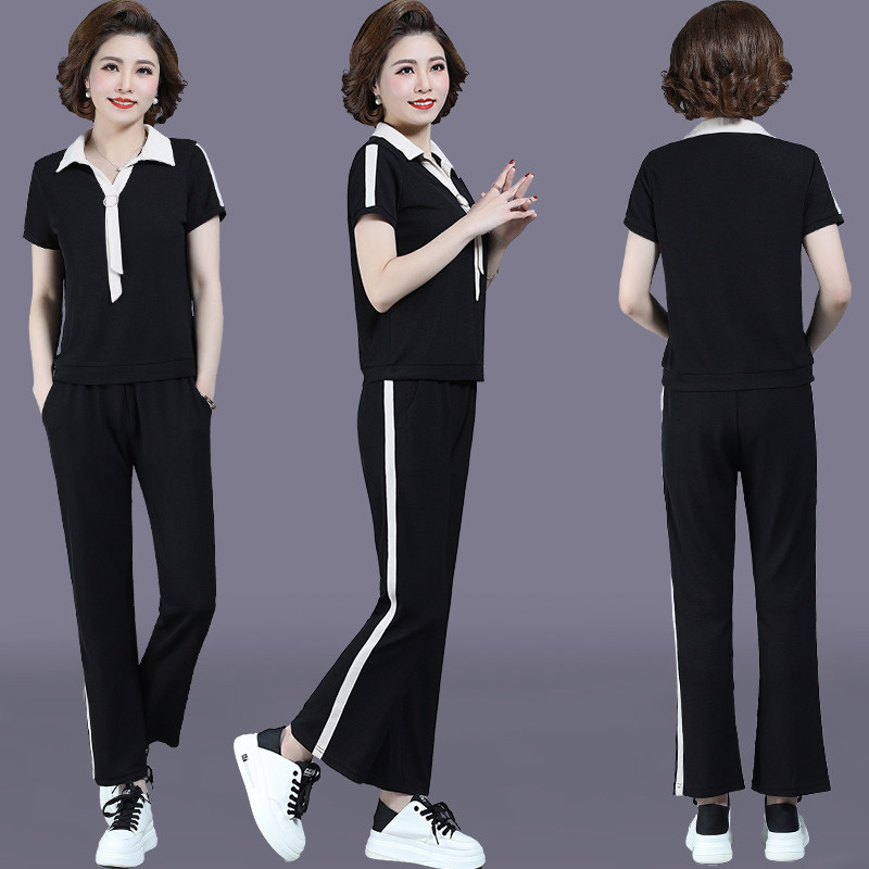 Mom Summer Clothing Casual Large Size Short Sleeve T-shirt Middle-aged Woman Dress Foreign Pie Blouse in Old Age sports suit 30 years 40