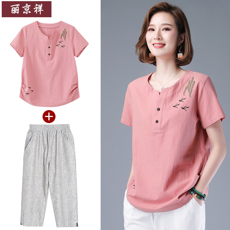 Middle-aged and elderly suit women's short-sleeved T-shirt 40-year-old middle-aged female mother summer cotton linen foreign style grandma two sets