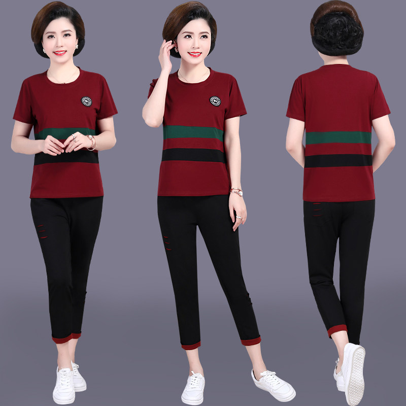 Mother Summer Dress Foreign Pie short sleeve T-shirt middle-aged woman 2019 new middle aged sports suit broadwife Two sets
