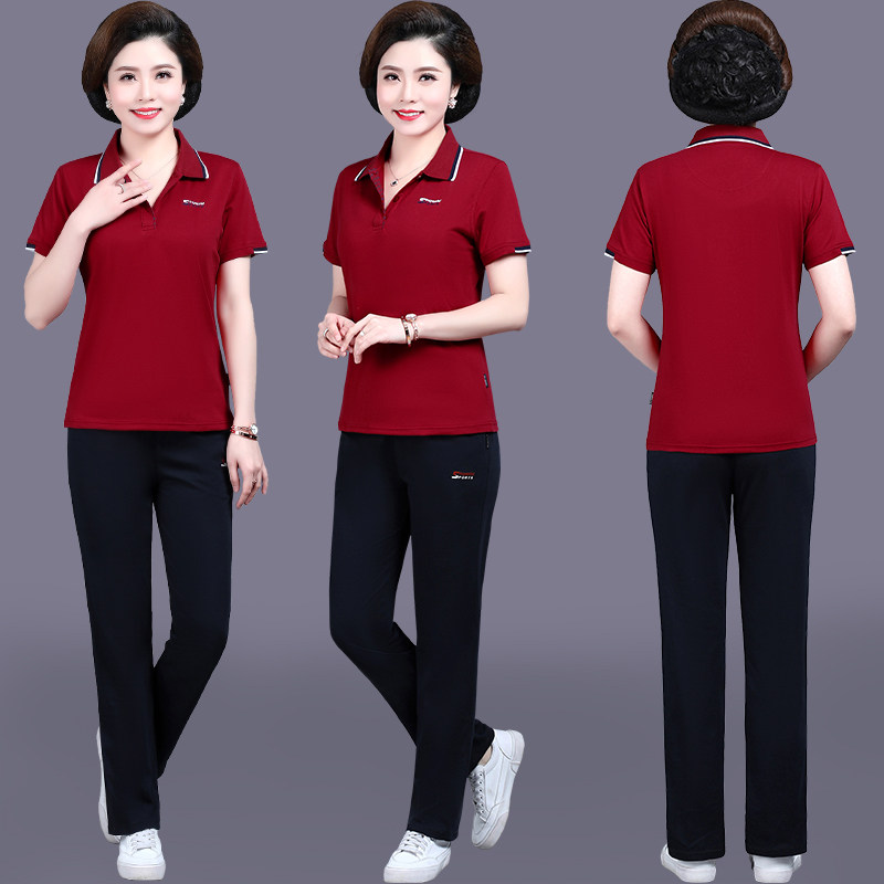 Mother Summer Clothing Suit Short Sleeve Large Size Size Blouse Mid-Aged Woman 2019 New Middle Aged Casual Sportswear Two Sets