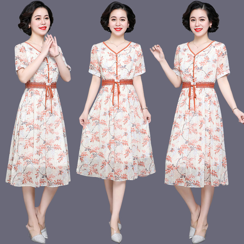 Mother's Day clothes Mom loaded with summer clothing Snow spinning over knee dress lacing for older women Dress Foreign Pie Skirt Short Sleeves