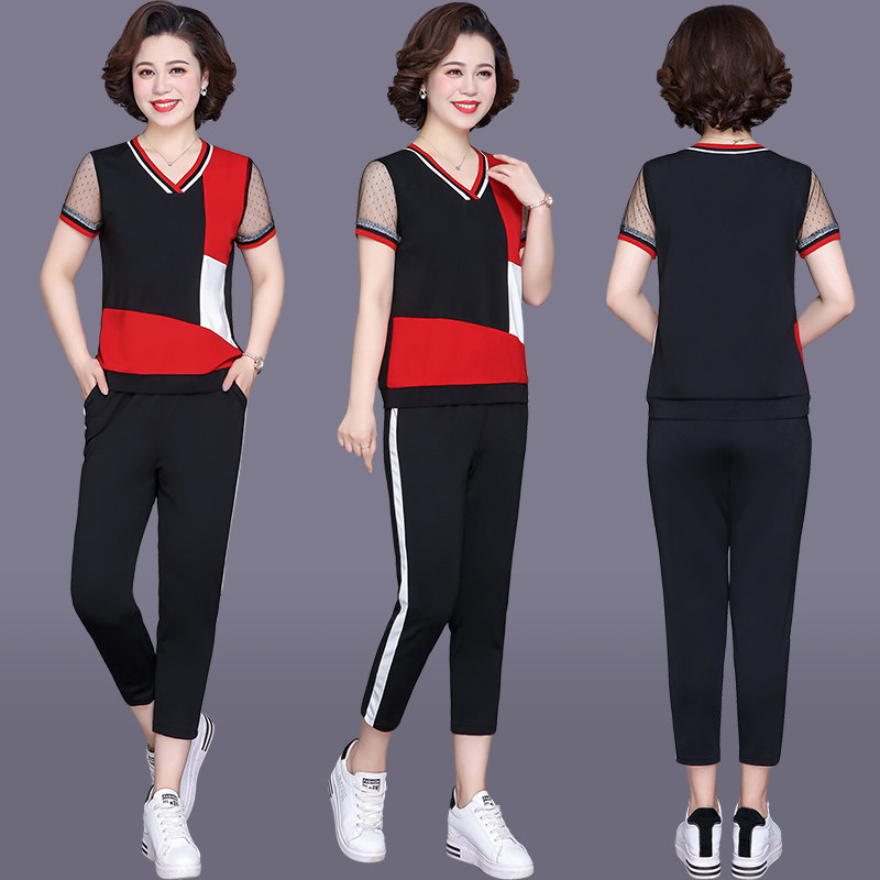Middle-aged mother summer short-sleeved T-shirt women's sports suit 2020 new middle-aged and elderly mesh screen sleeve t-shirt two-piece set