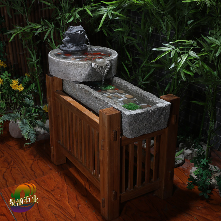 Old stone trough fish tank wooden frame fish pond boutique living room balcony landscaping retro nostalgic indoor running water landscape ornaments