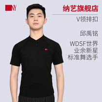  Na Yi dance suit mens new button-collar short-sleeved T-shirt top black cotton national standard dance modern dance practice dance suit casual