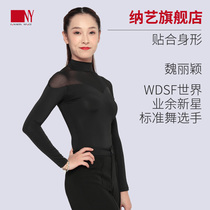  Na Yi dance clothes new womens high-neck mesh stitching one-piece top long-sleeved black modern dance national standard dance practice clothes