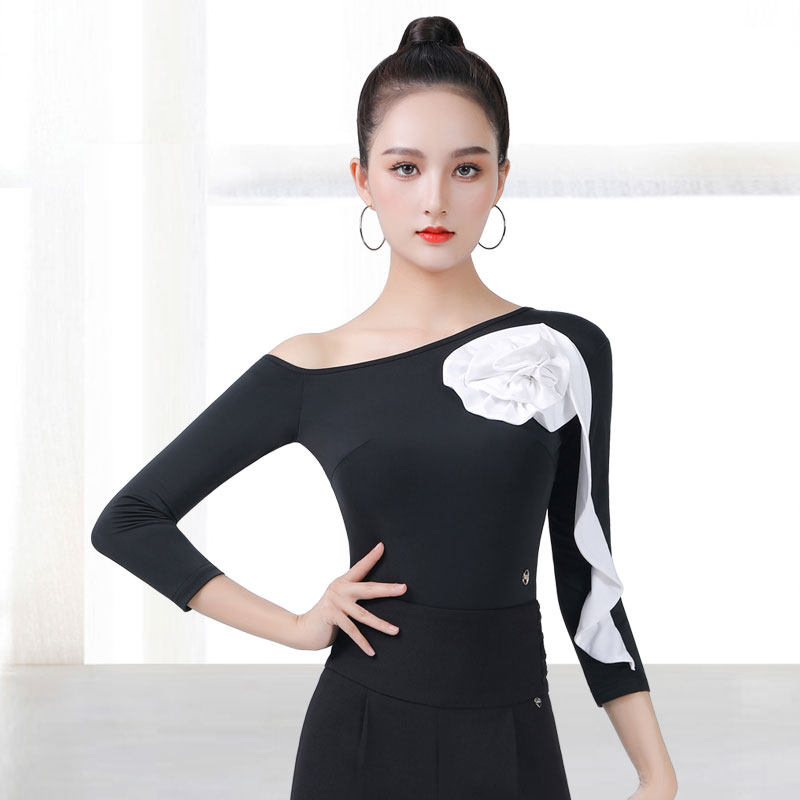 Dampao Women's Gitbart Dance costumes new fall dancing blouses with diagonal shoulder rose Latin Dance Dance Practice