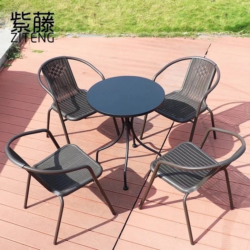 Courtyard outdoor balcony furniture terrace table and chair three or five sets of leisure imitation rattan chair outdoor umbrella combination modern simplicity