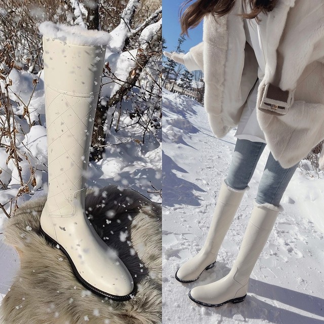 White round toe knight boots women's 2022 winter new thick heel plus velvet high boots but no knee snow fur boots