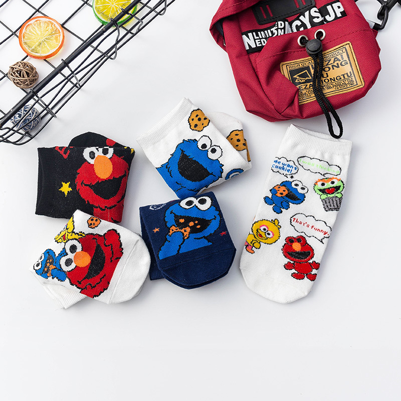 5 Pairs of Korean Sesame Street Women's Socks, Cute and Funny Men's Cartoon Short Socks, Summer Ins Student Low-Cut Sports Short Socks
