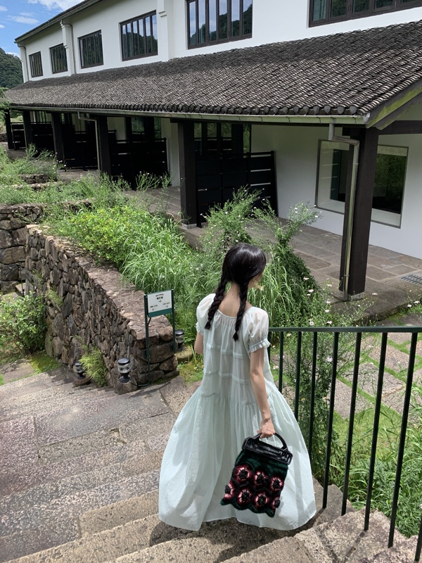 Oohbubble26Ss Mint Mambo Sheer Green Striped Long Dress Floral Two-Piece Set with Large Hem Dress