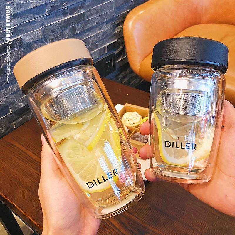 Han-style double glass cup male and female minimalist double water cup thermal insulation portable home office transparent filter tea cup