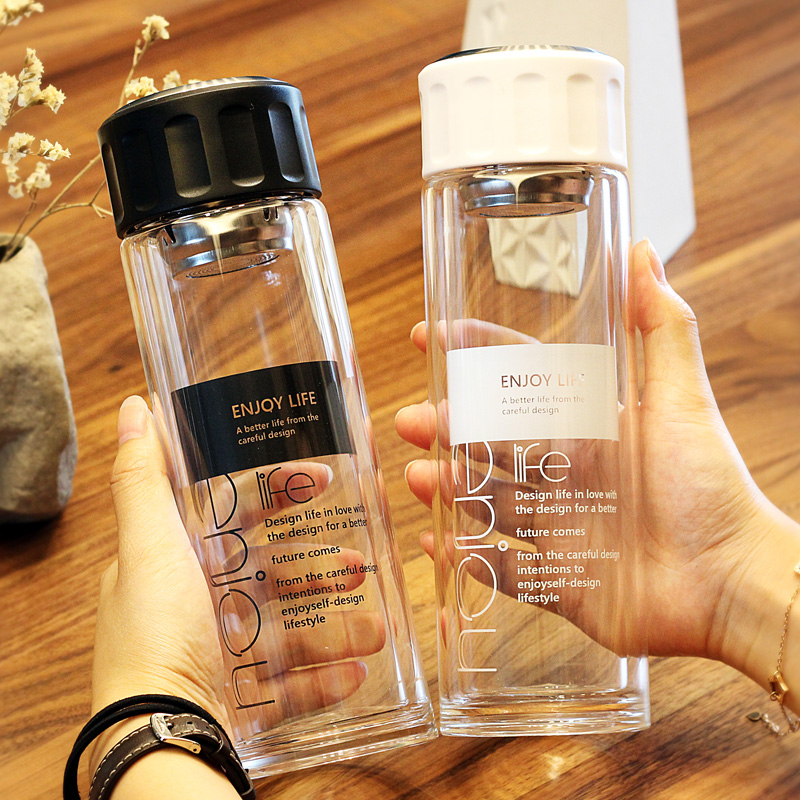 Korean version double layer thickened heat resistant glass cup water cup male and female portable filter tea cup with hand on-board lemon cup