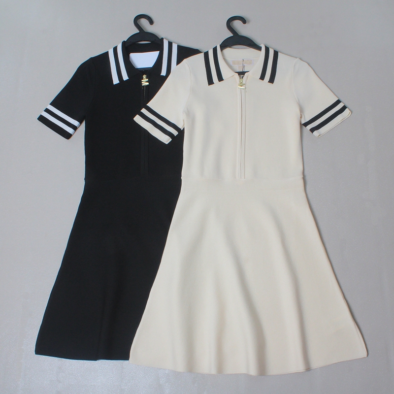 Mei m Series 2025 New Women's Polo Collar Short-Sleeve Patchwork Knit Dress Waist-Cinching Short-Sleeve Dress