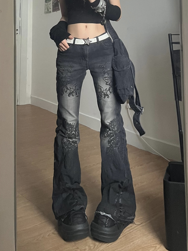 Linzerooo Yabi-Style Retro Flared Jeans for Women, Low-Waisted, Slim-Fit, Floor-Length Pants